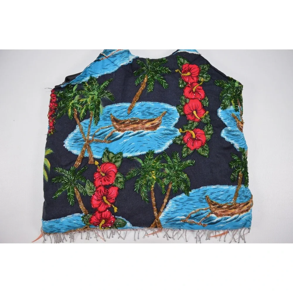 Hawaiian Purse Double Bamboo Handles Hibiscus‎ Floral Catamaran Beaded Fringe